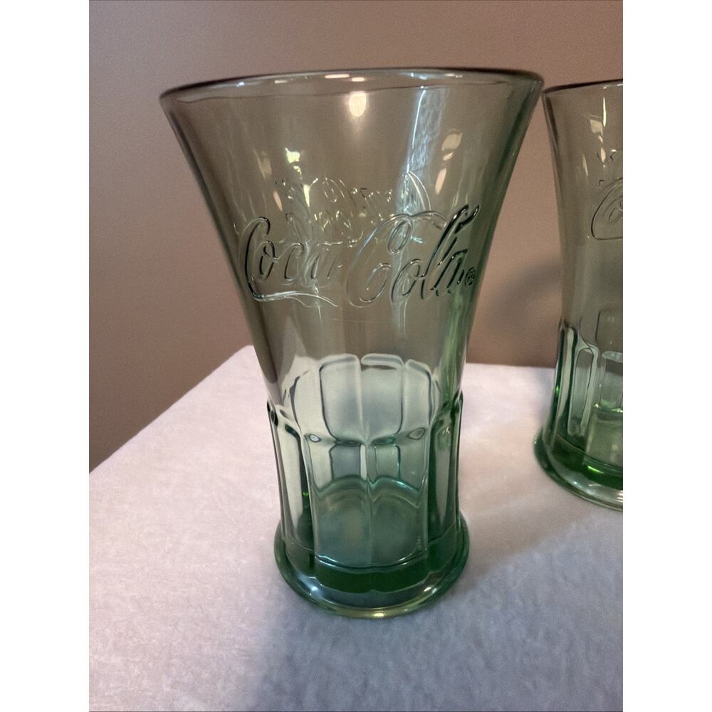 Coca-Cola Green Flared Glass Tumbler, Set Of 4 Approximately 16 Oz 6.5 Tall - Picture 2 of 5